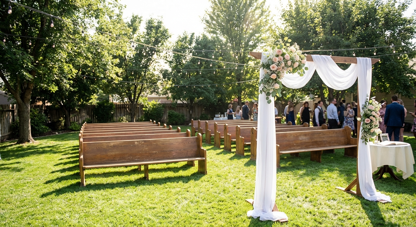 Freshly setup wedding pews with floral arch