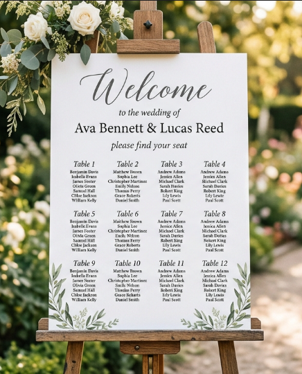 Seating chart foam board with floor plan and table list
